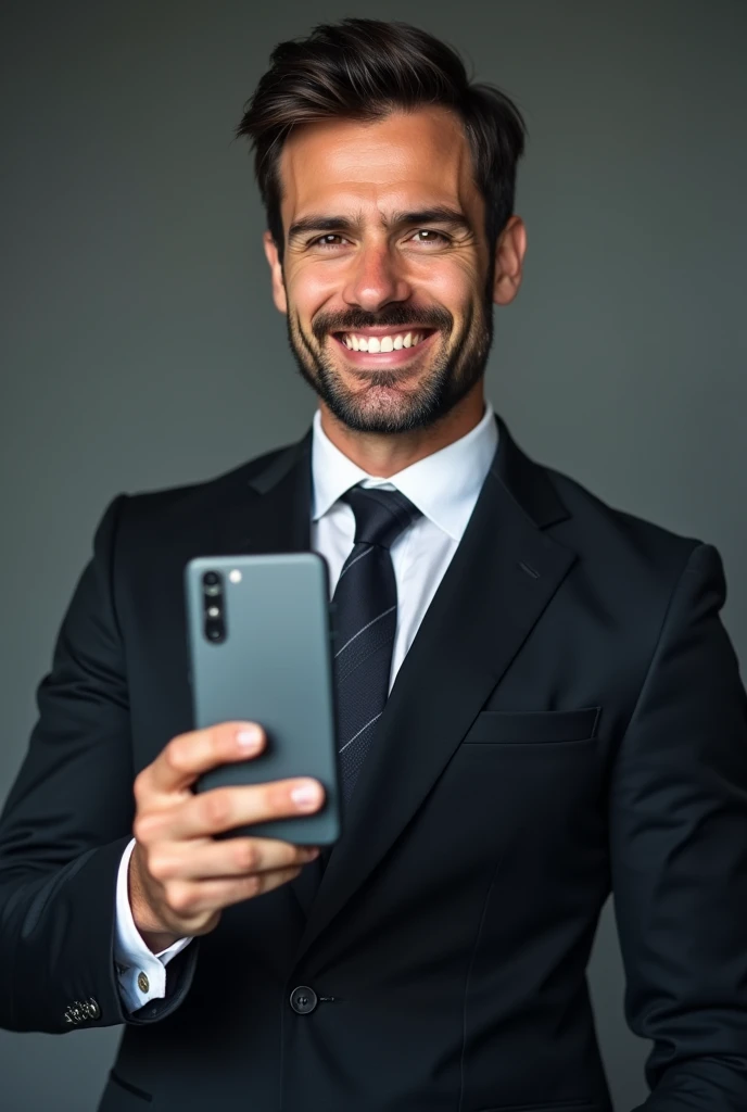 A close-up view of a man wearing a sleek, tailored dark suit with a crisp white shirt and a subtle tie, standing confidently. The man has a warm, genuine smile, showing a sense of approachability and trust. He is holding a modern smartphone in his right ha...