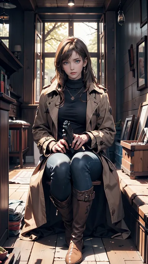 (Suspense Scene ((Concept Art)), Highly detailed image of a girl in jeans and a brown coat and boots), (Better lighting, Better Shadows, Very delicate and scary), (Digital Illustration), ((4K Painting)), [(Dynamic Angle,((One person)),Gray Hair, (Beautiful...