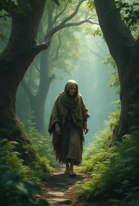 Old woman walking through forest