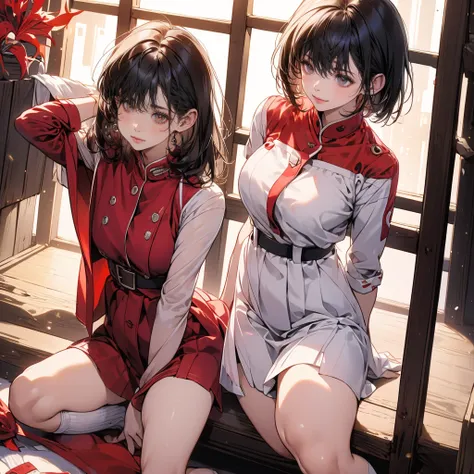 Thousand miles, 1 Girl, Bangs, indoor, short hair, Smile, Solitary, permanent, Sexy pose, Medium breasts, Red uniform, 吊Socks带, Socks, Put your hands behind your back, Red edge ribbon, Lyrcoris recoil,