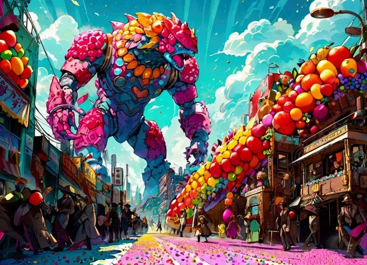 Giant Kaiju made of bright bits of fruit salad battle in a candy land Tokyo, Steam Punk styling
