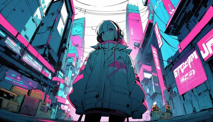 Ultra Wide Angle， Listening to jazz music with headphones、alone、Lofty Girl，Cyberpunk Style，anime， Lo-fi art style、Lofty Girl aesthetic, ghailan、animeの美学、relaxed mood，Lo-fi illustration style，Music Jacket，Building district