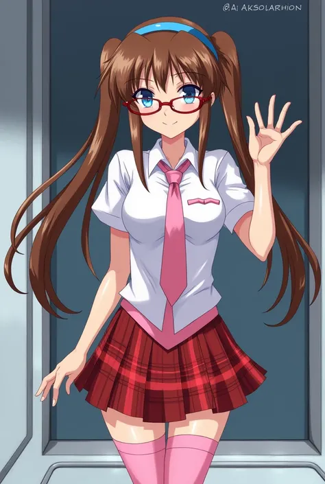 Mari Makinami、Long Hair、Brown Hair、Twin tails、(ローTwin tails:1.5)、Headband、青Headband、blue eyes、(Parted bangs:1.5)、
skirt、Thigh-high socks、school uniform、pantyhose、tie、Plaid、Plaidskirt、shirt、白shirt、襟付きshirt、Short sleeve、Glasses、不透明Glasses、
Bodysuits、Mecha、sf...