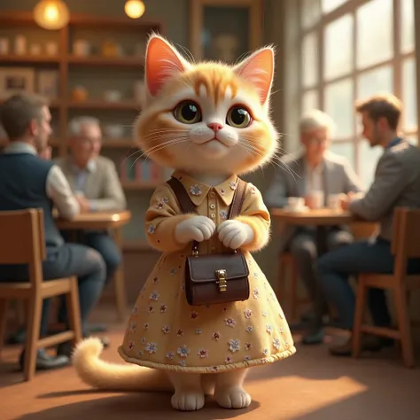 realistic image of a cat wearing a dress and holding a bag with a cafe background