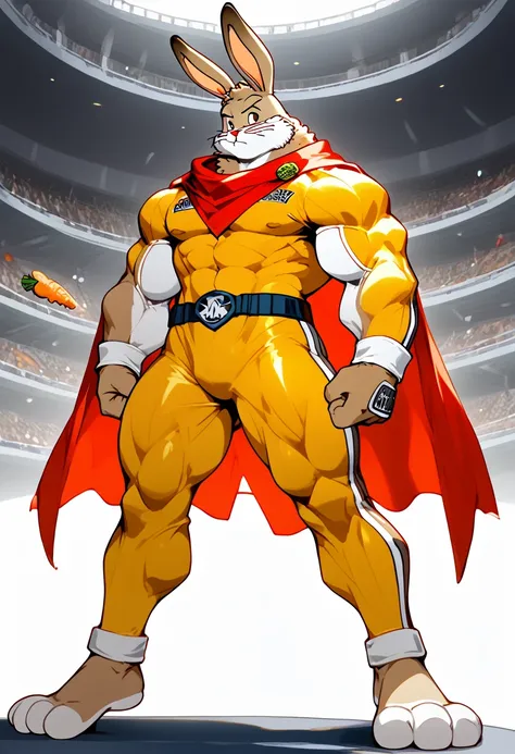 a anthropomorphic toon furry white/brown rabbit buff,muscular brut, wearing a superhero suit ,captain carrot,thick,red cape,big ...