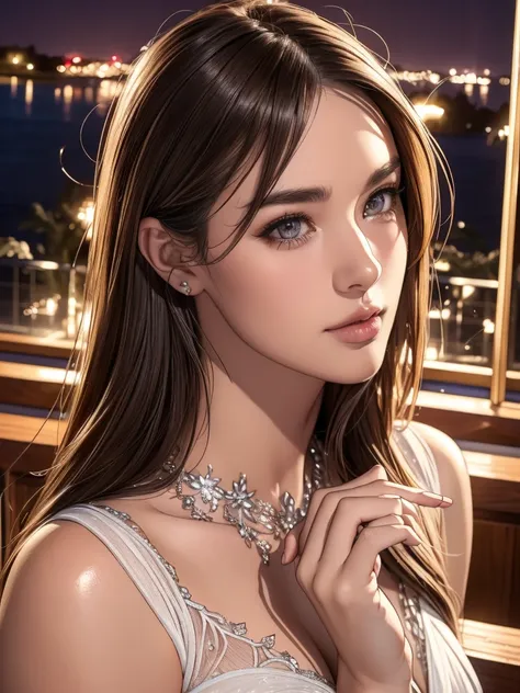 (best quality,4k,8k,highres,masterpiece:1.2),ultra-detailed,(realistic,photorealistic,photo-realistic:1.37),intricate skin details,4 fingers and 1 thumb, girl enjoying time under starry night sky, warm light shining on her, balcony by a night lake, firefli...