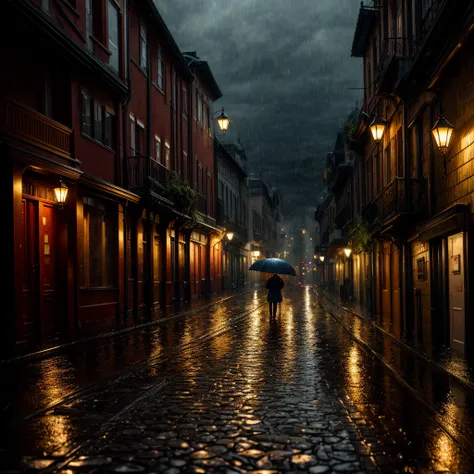 Highly detailed, intricate, ultra-detailed, town drenched in heavy rainstorm. Large raindrops cover the road. The scene is dark and mysterious, with the umbrella and the two figures. The alley is slippery with water and puddles form. Super delicate, photog...