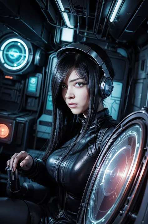 candid photo of a female engineer repairing the engine of a huge spaceship, wearing a tight futuristic space suit, masterpiece, ...