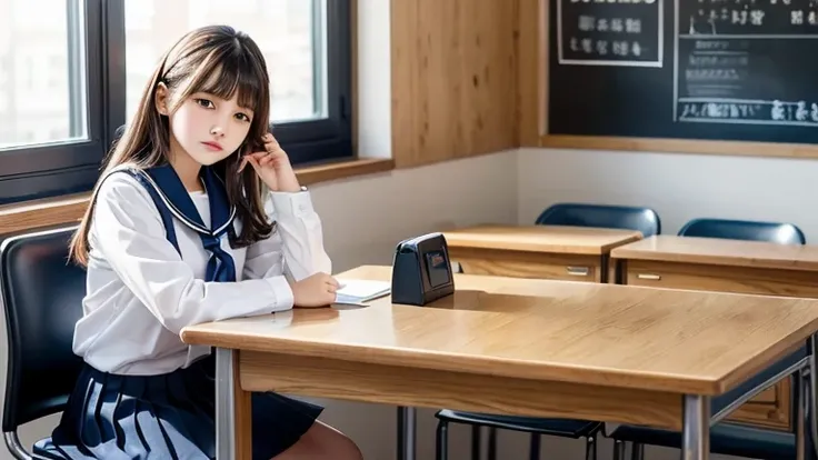 ((Tabletop, Highest quality)),Best aesthetics,1 personの少女, school uniform, desk work, Sitting, School desk, Brown Hair, Crude room, Long Hair, indoor, Chair, View your viewers, :p, Focus Only, Brown eyes, skirt, Long sleeve, pencil, 1 person, Brush case, p...