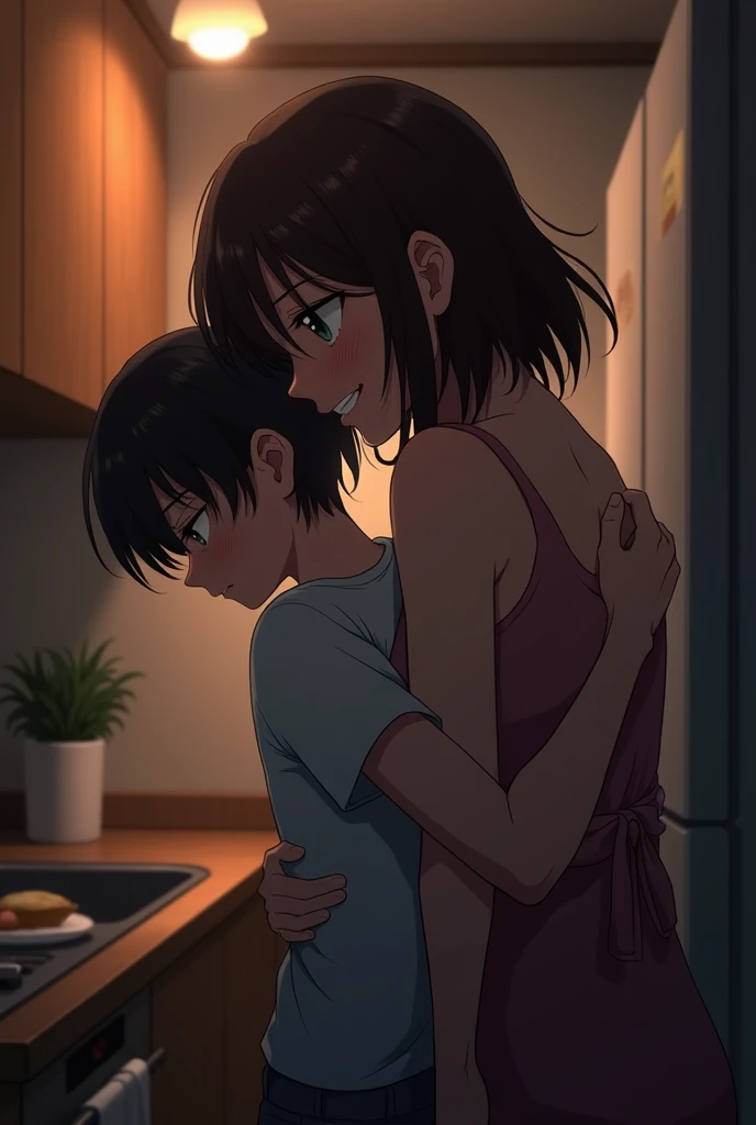 score_9, score_8_up, score_7_up, source_anime, 1boy, 1girl, mature female is smiling, mother and son, kid, sons back against the wall, in a kitchen, ass grab, night time, naked , kissing gently