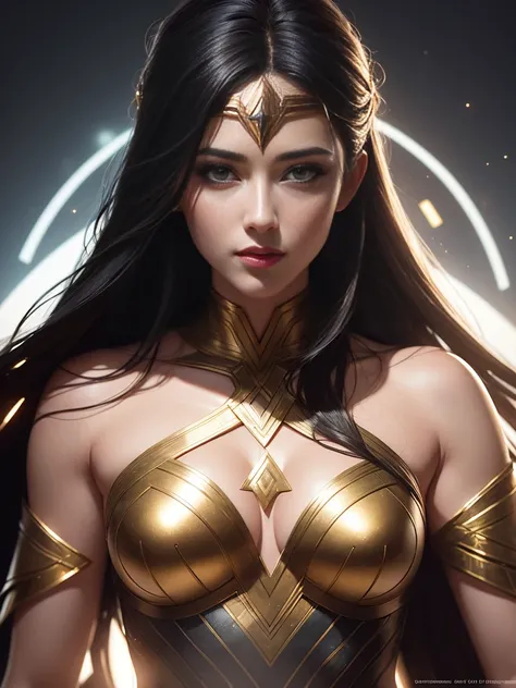 A ilustration of a greek goddes Wonder Woman, shot, centered, gold black color gel lighting, geometric shadows, glowing lights, symmetry, depth of field, intricate, elegant, highly detailed, digital painting, artstation, concept art, silver and white futur...