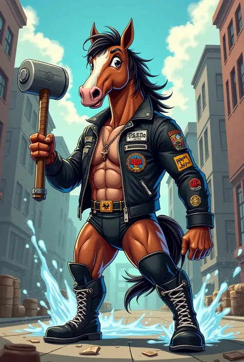 cartoon horse dressed like wrestler Hunter Hearst Helmsley wearing a biker jacket, holding a sledgehammer, and spraying water out of mouth

