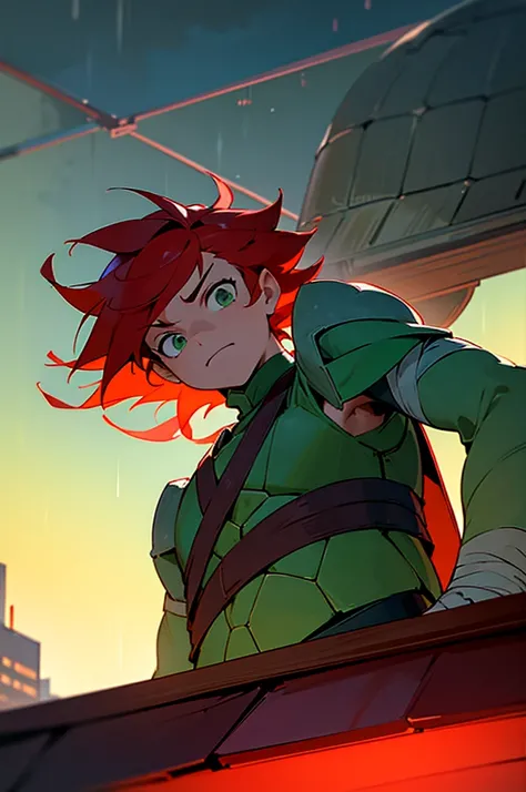 1boy, turtle boy, turtle shell, red bandana, green eyes, upper body, upper body, bandages, standing, from below, outdoors, rooftop, on roof, night, wind, night, night sky, new york, rain,, arms on sides, serious expression, red hair,
