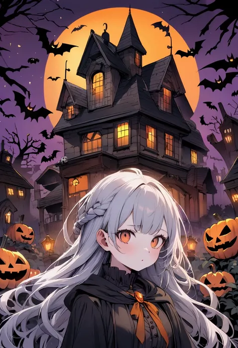 Halloween　A witch with long silver hair　The background is a haunted house.