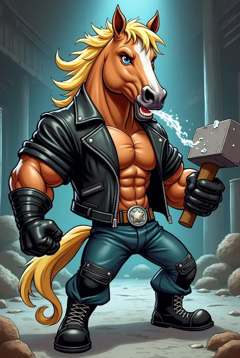 cartoon horse dressed like wrestler Hunter Hearst Helmsley with blonde hair, wearing a biker jacket, holding a sledgehammer, and spraying water out of mouth

