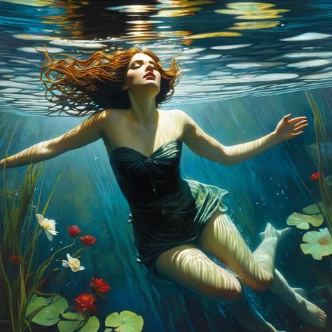 picture of a woman, drowning in a body of water, Ophelia, floating drowning, nymph in water, drowning in water, woman drowning, brad cankle elson peter, brad cankle detail, cory loftis, aron wisenfeld dark fantasy, aron wisenfeld, floating underwater in a ...