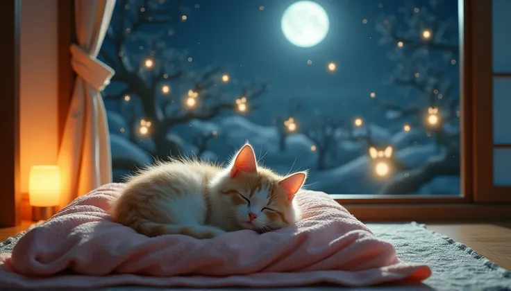 A cat sleeping in a kotatsu in a warm room、From the window, A glowing cat and glowing fireflies dance to the gentle sound of the moon.., Cute kitten