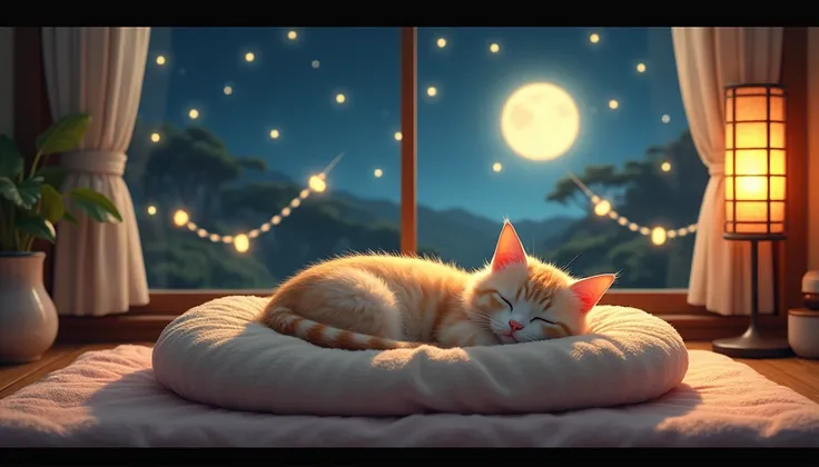 A cat sleeping in a kotatsu in a warm room、From the window, A glowing cat and glowing fireflies dance to the gentle sound of the moon.., Cute kitten