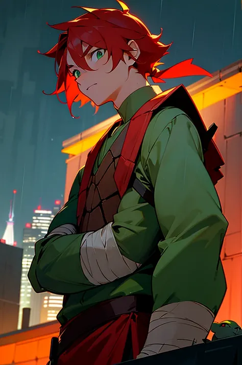 1boy, turtle boy, turtle shell, red bandana, green eyes, upper body, upper body, bandages, standing, from below, outdoors, rooftop, on roof, night, wind, night, night sky, new york, rain,, arms on sides, serious expression, red hair,
