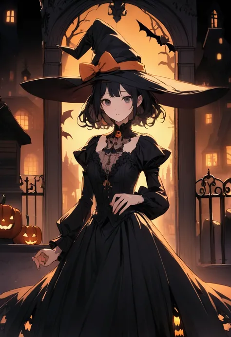 Halloween　A witch with long black hair　The background is a haunted house.