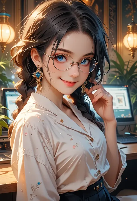 1 girl 26 years old, sexy, beautiful facial features, black hair, two braids, blue eyes, glasses, fashionable outfit, skirt, ear...