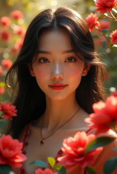 Hyper-realistic portrait，an asian woman，Long black hair，Smiling at the camera，The Jungle Book，Red camellias surrounded her.，The sun shines on me