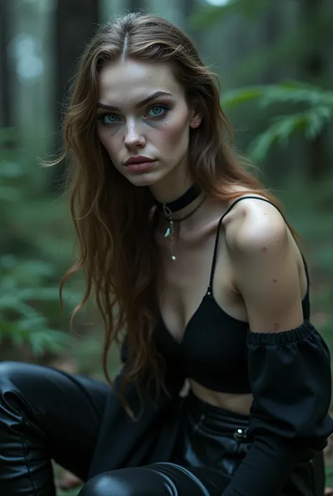 Fashionable of androgynous alien looking witch, glowing eyes, beautiful evil slavic muscular woman, pale skin, long light brown hair, light smile, futuristic design, minimal details, givenchy, photoreal, 200mm, hd, f/ 2.0, sitting in a gloomy spruce forest...