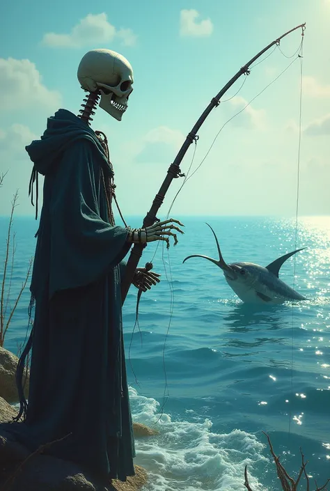 Skeleton fishing a swordfish with nature ocean background