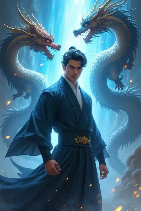 this is、A strong, resolute man with an aura.、It&#39;s an intricate and complex fantasy portrait.。, Behind him was a huge bright blue light, light black hair, Dragon and phoenix flying, Golden Light, Chinese martial arts style.