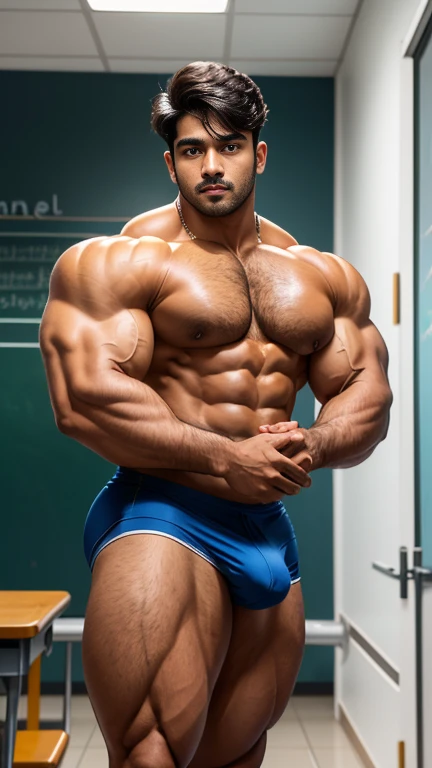 Handsome young indian boy in school uniform masculine strong bodybuilder boy with huge wide muscular shoulders, wide chest, abs, masculine wide triceps, arms, biceps, big masculine legs, wide thighs, calfs, black-haired, hair falls on your face, Mesmerizin...