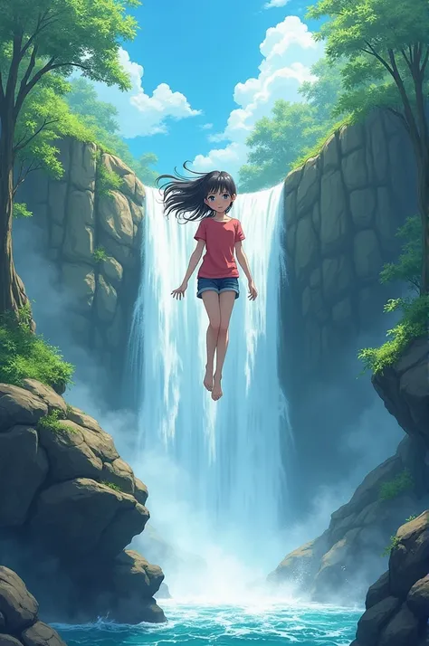 Create an anime teenager floating over a waterfall near a clearing