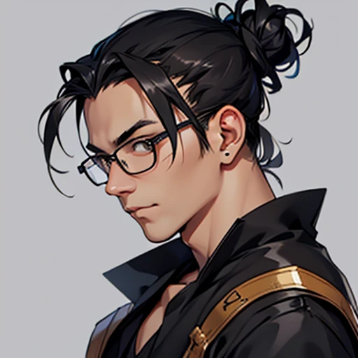 Fantasy world background、Wearing glasses、Her grey-black hair was pulled back into a messy man bun.、Solo Filipino Male Brown Eyes Sketch。