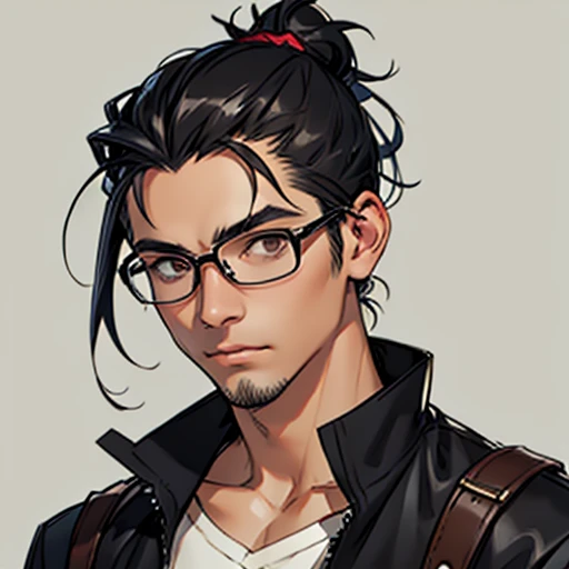 Fantasy world background、Wearing glasses、Her grey-black hair was pulled back into a messy man bun.、Solo Filipino Male Brown Eyes Sketch。