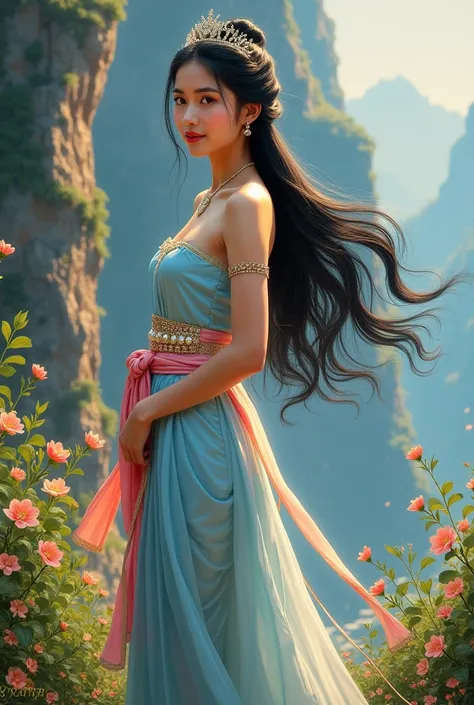 Full length: a full-body picture of a beautiful young woman, sweet and gentle, wearing a light blue strapless Thai dress, a nine-gem belt, a pink sarong with gold trim, a light blue shoulder cloth, long flowing black hair, wearing a crown, tied loosely, fa...