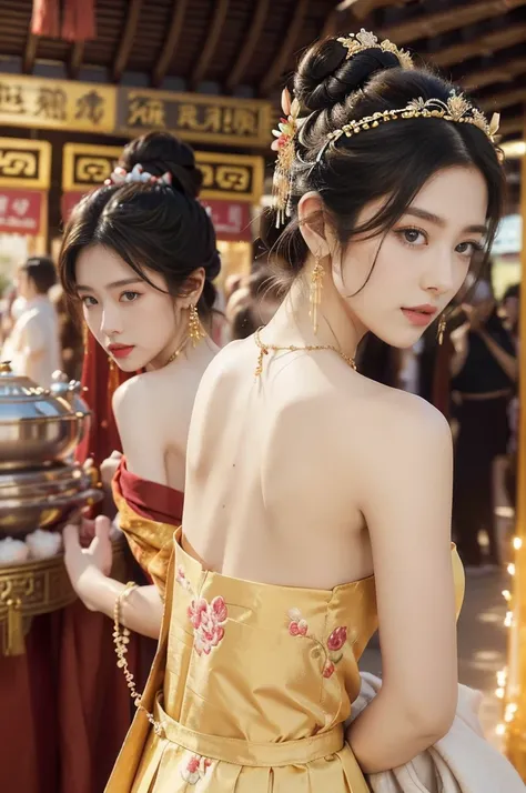 (((best quality))),(((ultra detailed))),(((masterpiece))),illustration,
((1 beautiful young girl,solo)),(bun hair:1.2)((slim,thin)),((small breasts,flat chest)),attractive, traditional Chinese attire,(Gorgeous and intricate headdress:1.3),((earrings,intric...