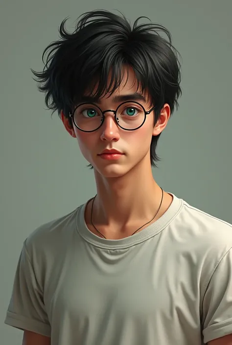 A 31 years old man looked like Harry potter but with a simple tshirt