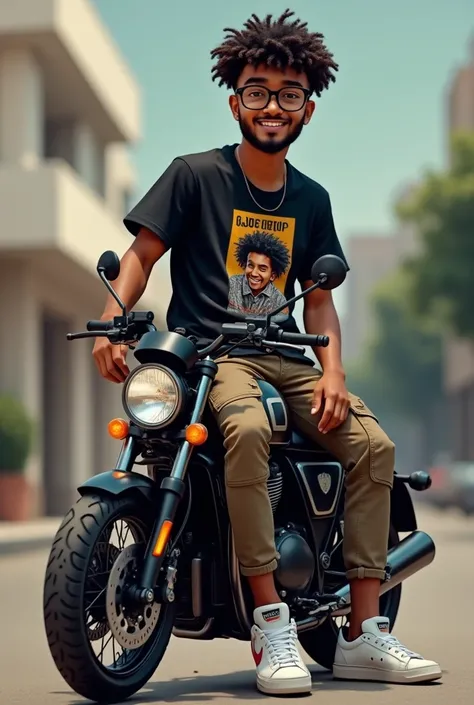 A 16 yrs old boy with beared and mustache, textured corp hair, a round shaped glass, brown shin, black Gojo Satoru T-shirt, with cargo pant and white sneakers, smiling with attitude, sitting on a continental gt 650