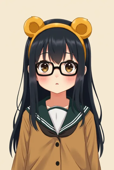  A child with black square glasses, long straight black hair, a chubby face, and a yellow bear ear headband wearing a student uniform. 