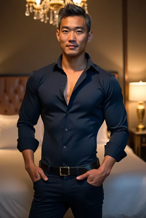 Nude,big dick,Gentleman asian ,tight chest muscles, super tight shirt, super tight pants, bulging crotch,(Best Quality,​master piece,High resolution,Photorealsitic,Raw photo:1.3),upperbody shot,(Solo),(Man:1.2),Look at the viewer,(Gray hair mixed:1.2),(Nav...