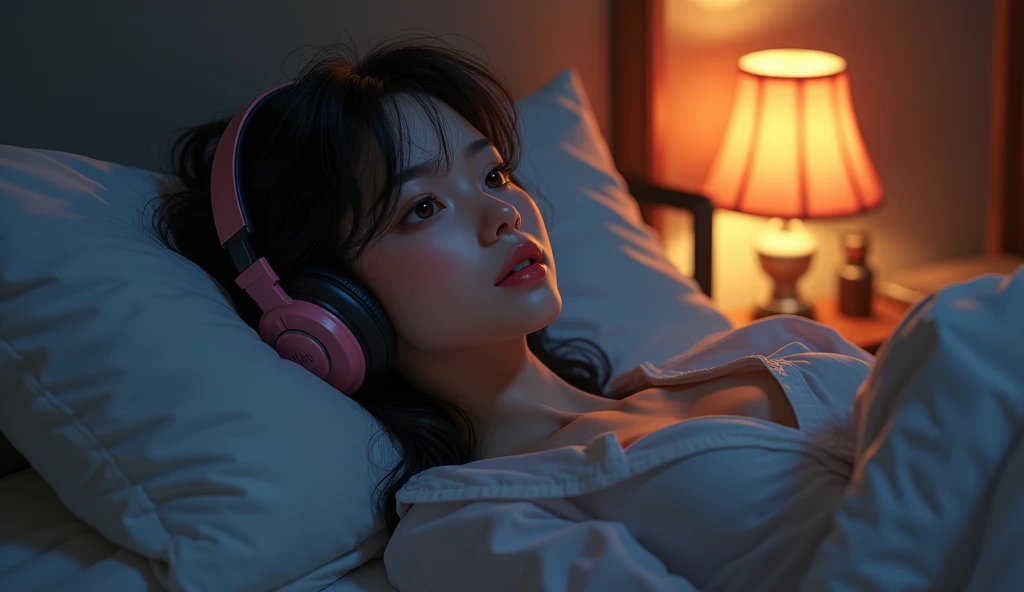 a girl lying in bed in a cozy room, listening to music at night, wearing headphones, 2D anime style, lo-fi, detailed background, cinematic lighting, soft colors, fine details, ( close your eyes), big breasts, wearing a revealing shirt, beautifully detailed...