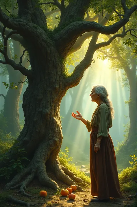 Old woman taoks to an apple tree in a forest