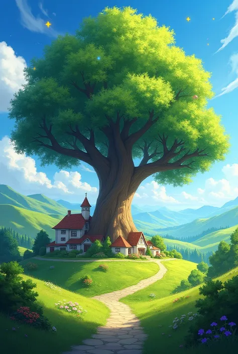 A picturesque village with rolling hills and a large, majestic tree at its center. The tree has sparkling leaves and glowing fruit. The background is a sunny day with clear blue skies.