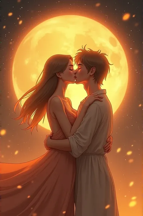 Create an image showing a romantic scene where a female figure, symbolizing the Sun, and a male figure, representing the Moon, are sharing a French kiss. The female Sun has simple, straight hair flowing down, while the male Moon has a serene, gentle appear...