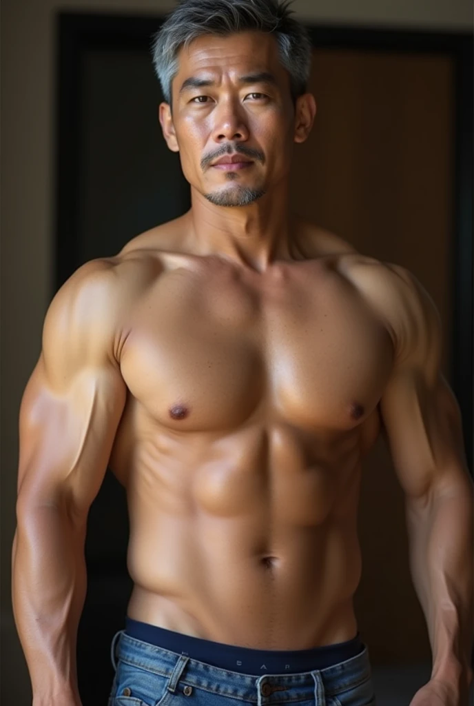 Gentleman asian ,tight chest muscles, bulging crotch,(Best Quality,​master piece,High resolution,Photorealsitic,Raw photo:1.3),upperbody shot,(Solo),(Man:1.2),Look at the viewer,(Gray hair mixed:1.2),(Navy Blue Collar Shirt),(extra short hair:1.2),(Asian,m...