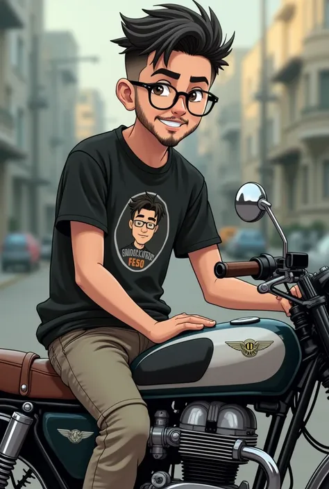 A 16 yrs old boy with beared and mustache, french crop hair, a round shaped glass, brown shin, black Gojo Satoru T-shirt, with cargo pant and white sneakers, smiling with attitude, sitting on a continental gt 650