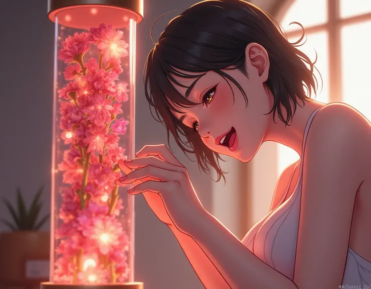 {{{{{3,318 trillion pixels high resolution, nsfw, Realistic scenery and lovely Japanese girl who is moaning madly as she nudity Masturbation that traces the sexual zone repeatedly with her fingers in a romantic Cylindrical crystal herbarium, thicken the li...