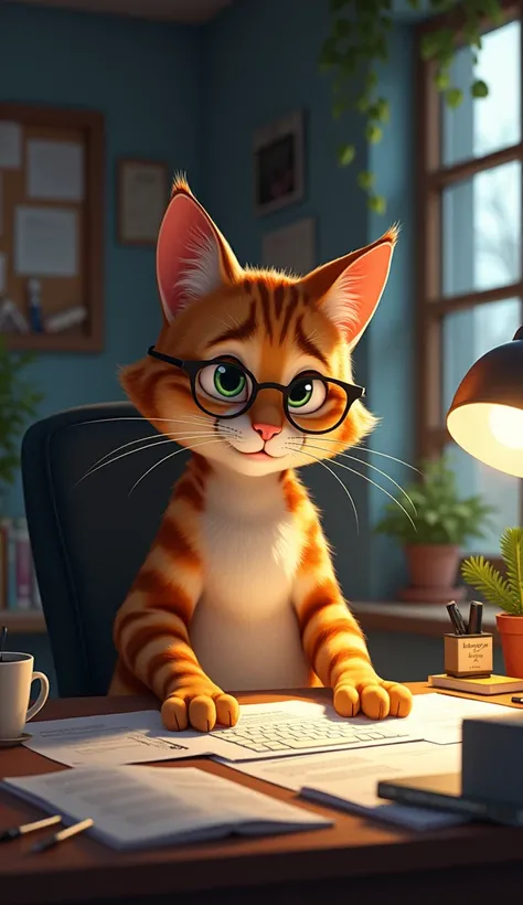 A hardworking cat named Whiskers sitting at a desk with papers and a computer."