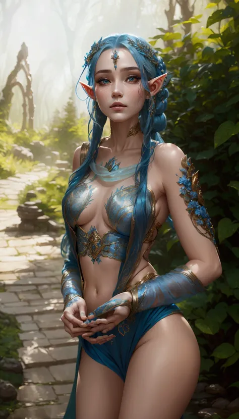 a beautiful elf with long blue hair, detailed face, porcelain skin, delicate features, intricate headdress, flowing blue robes, ethereal pose, fantasy forest background, warm lighting, dramatic shadows, vibrant colors, highly detailed, masterpiece, digital...