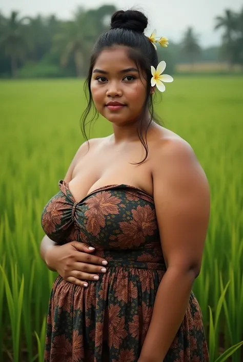 (hyperrealistic photo), exotic indonesian woman, plump, natural big breasts, a jasmine flower on her ear, tied bun hair, knee-lenght batik tubedress with intricate javanese details, looking at the viewer, natural light, wide angle full-body shot, indonesia...