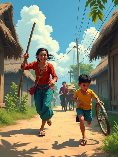 Burmese rural customs, the atmosphere of a rural village, a mother over 40 years old is chasing her son with a stick, her son is running along the village road, there are rows of thatched houses in the surrounding area, a farmer is loading rice on a bulloc...